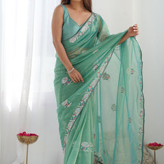 Turquoise Organza Thread Work Color Tone Fabric Party Wear Saree