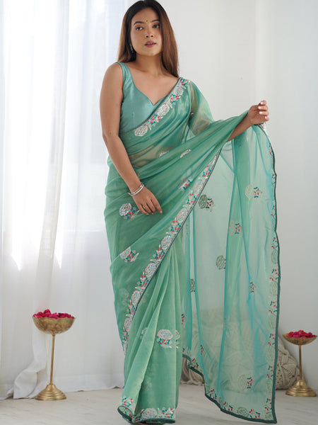 Turquoise Organza Thread Work Color Tone Fabric Party Wear Saree