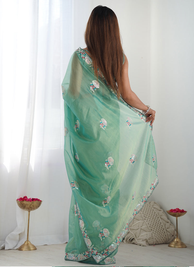 Turquoise Organza Thread Work Color Tone Fabric Party Wear Saree
