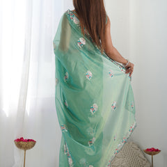 Turquoise Organza Thread Work Color Tone Fabric Party Wear Saree