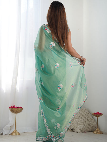 Turquoise Organza Thread Work Color Tone Fabric Party Wear Saree