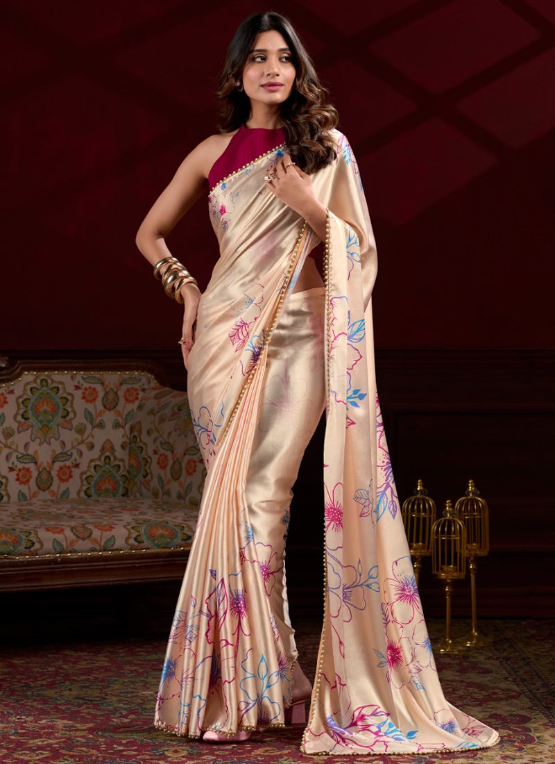 Cream Satin Silk Digital Printed Pearl Lace Border Work Saree