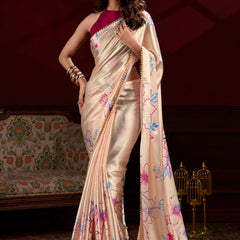 Cream Satin Silk Digital Printed Pearl Lace Border Work Saree