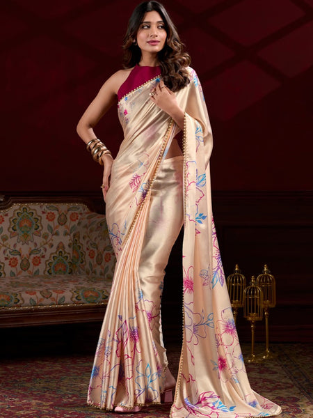 Cream Satin Silk Digital Printed Pearl Lace Border Work Saree