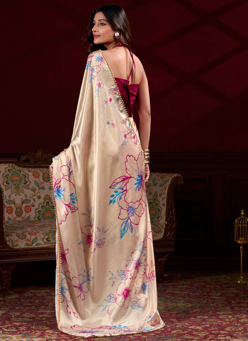 Cream Satin Silk Digital Printed Pearl Lace Border Work Saree