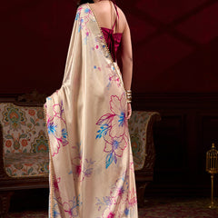 Cream Satin Silk Digital Printed Pearl Lace Border Work Saree
