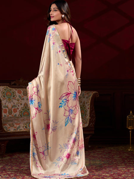 Cream Satin Silk Digital Printed Pearl Lace Border Work Saree