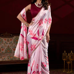 Light Pink Satin Silk Digital Printed Pearl Lace Border Work Saree