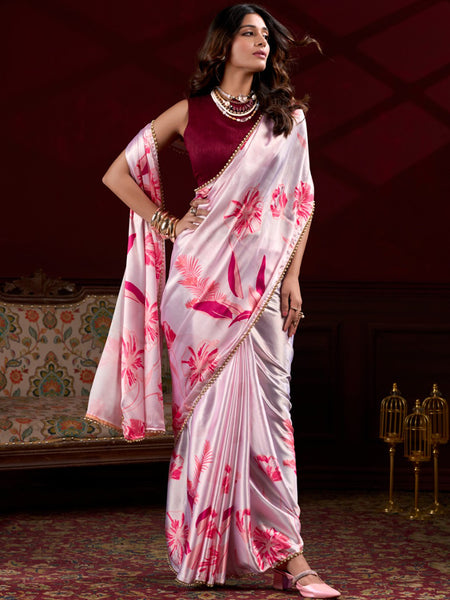 Light Pink Satin Silk Digital Printed Pearl Lace Border Work Saree