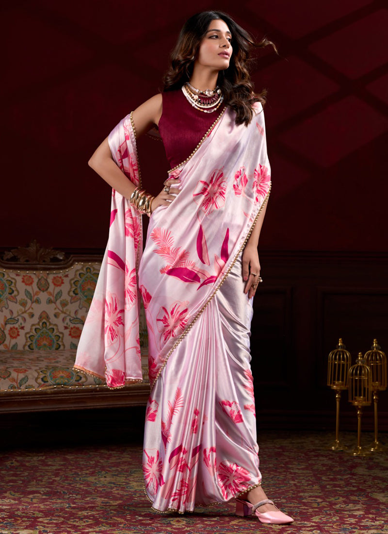 Light Pink Satin Silk Digital Printed Pearl Lace Border Work Saree