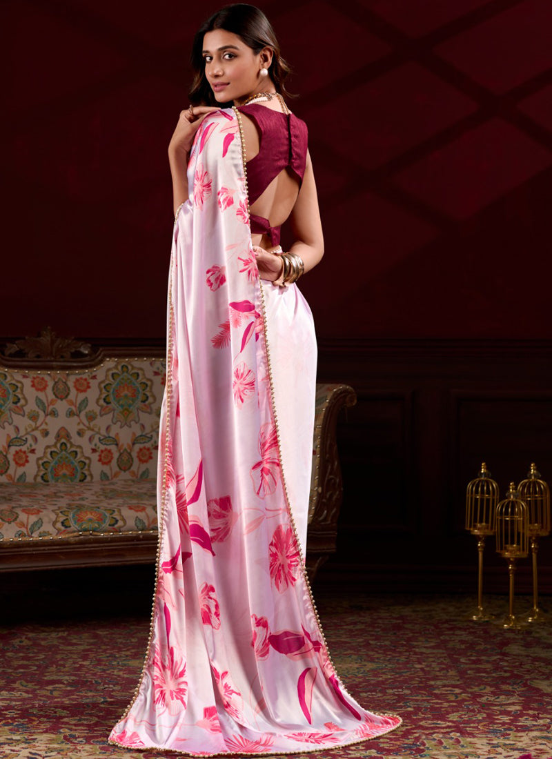 Light Pink Satin Silk Digital Printed Pearl Lace Border Work Saree