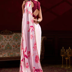 Light Pink Satin Silk Digital Printed Pearl Lace Border Work Saree
