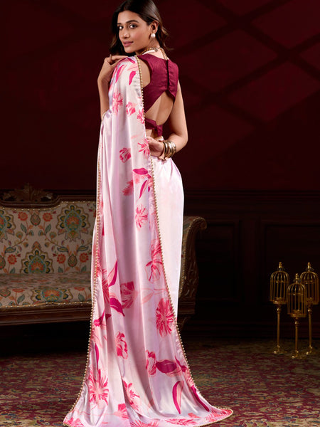 Light Pink Satin Silk Digital Printed Pearl Lace Border Work Saree