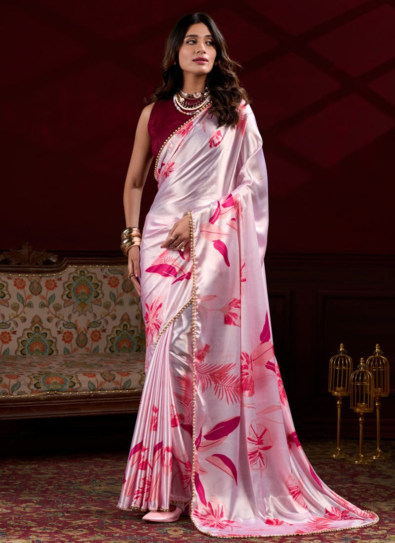 Light Pink Satin Silk Digital Printed Pearl Lace Border Work Saree