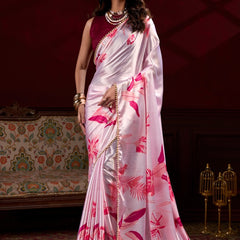 Light Pink Satin Silk Digital Printed Pearl Lace Border Work Saree