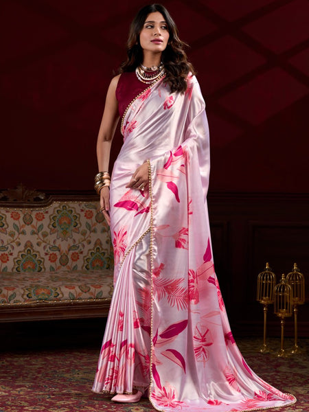 Light Pink Satin Silk Digital Printed Pearl Lace Border Work Saree