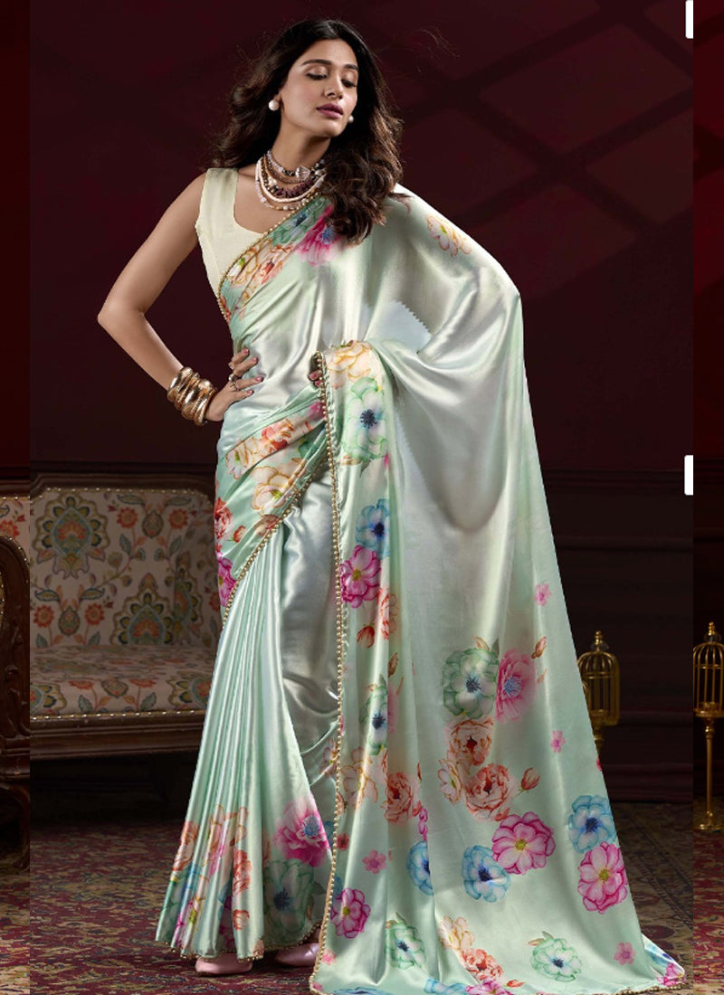 Light Green Satin Silk Digital Printed Pearl Lace Border Work Saree