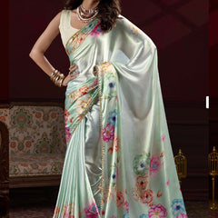 Light Green Satin Silk Digital Printed Pearl Lace Border Work Saree