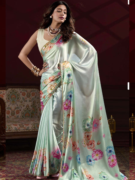 Light Green Satin Silk Digital Printed Pearl Lace Border Work Saree
