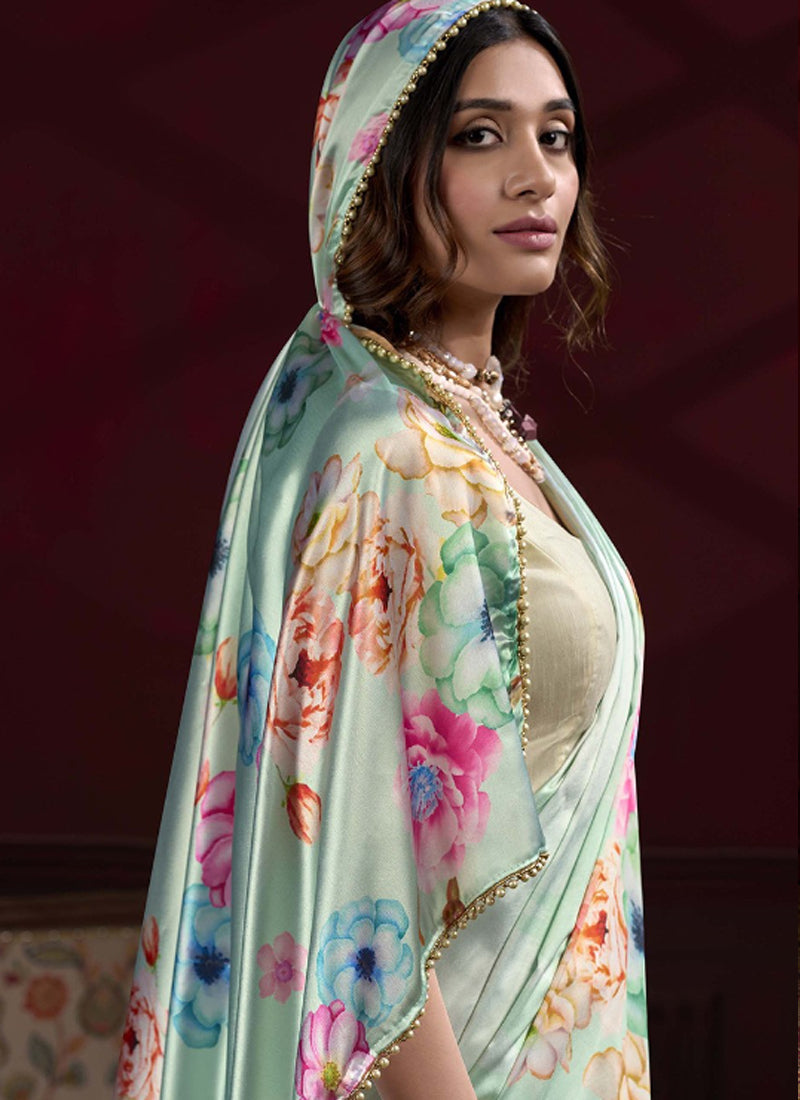 Light Green Satin Silk Digital Printed Pearl Lace Border Work Saree