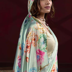Light Green Satin Silk Digital Printed Pearl Lace Border Work Saree