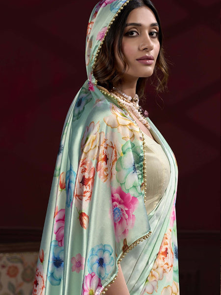 Light Green Satin Silk Digital Printed Pearl Lace Border Work Saree
