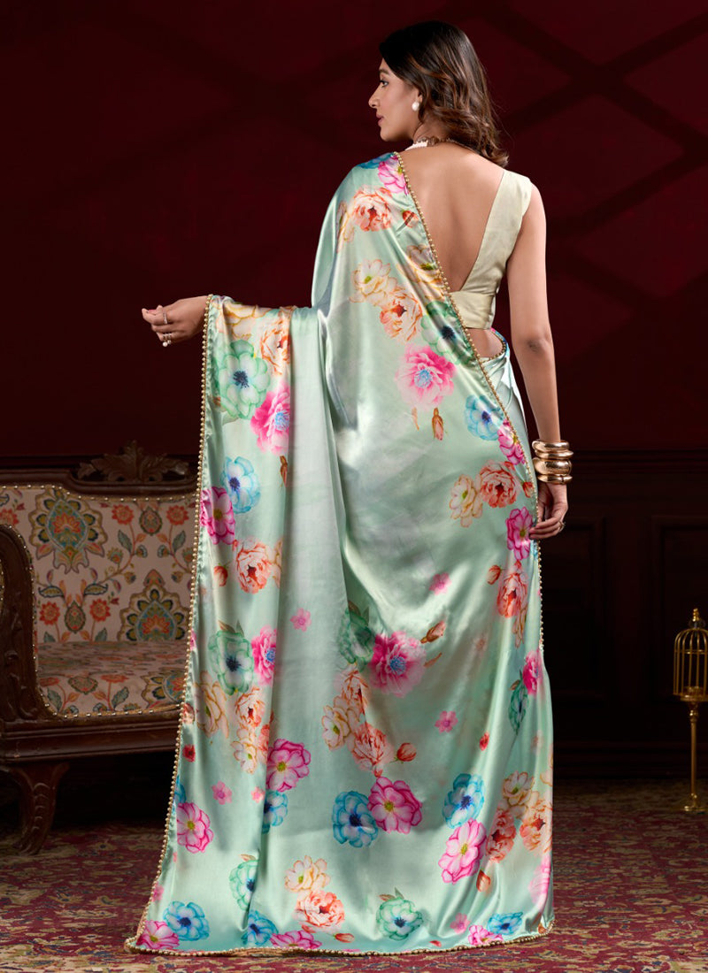 Light Green Satin Silk Digital Printed Pearl Lace Border Work Saree