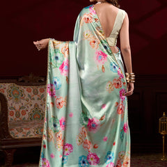 Light Green Satin Silk Digital Printed Pearl Lace Border Work Saree