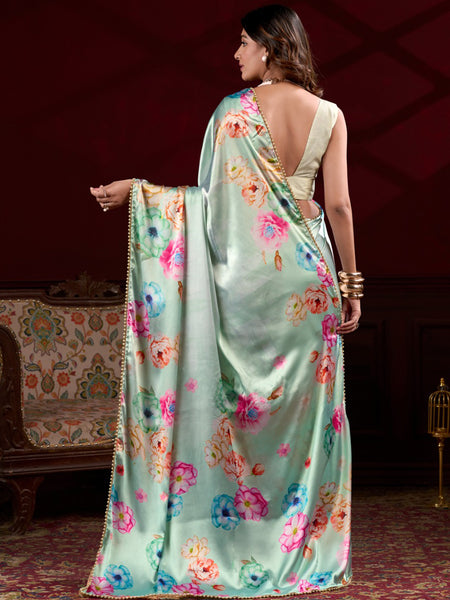 Light Green Satin Silk Digital Printed Pearl Lace Border Work Saree