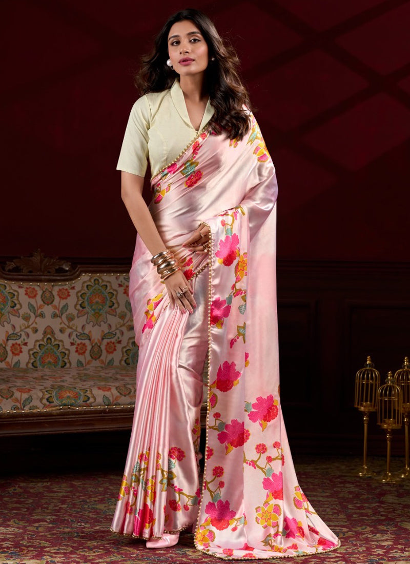 Baby Pink Satin Silk Digital Printed Pearl Lace Border Work Saree