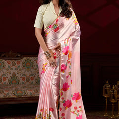 Baby Pink Satin Silk Digital Printed Pearl Lace Border Work Saree