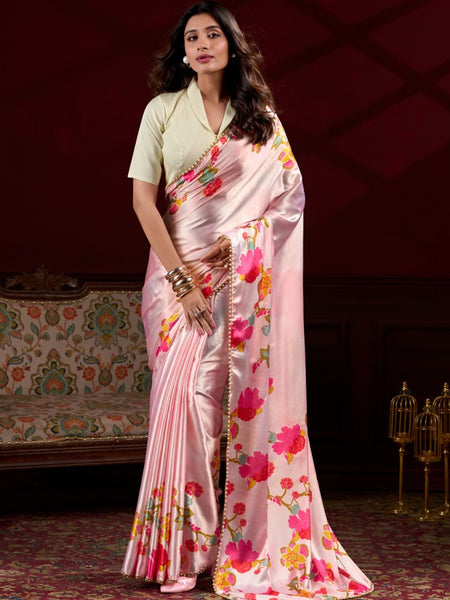 Baby Pink Satin Silk Digital Printed Pearl Lace Border Work Saree