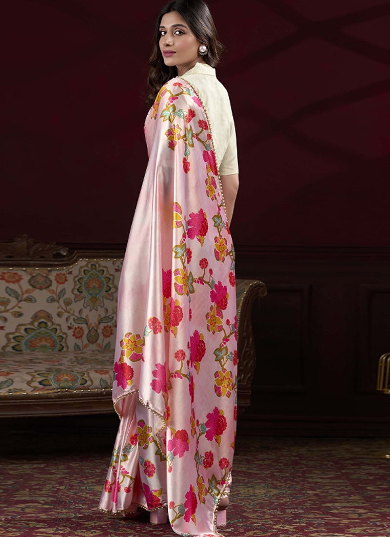 Baby Pink Satin Silk Digital Printed Pearl Lace Border Work Saree