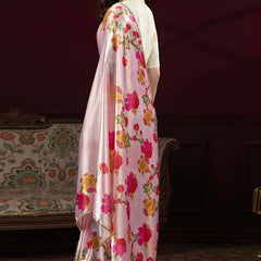Baby Pink Satin Silk Digital Printed Pearl Lace Border Work Saree