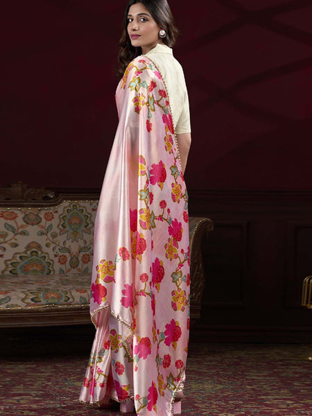 Baby Pink Satin Silk Digital Printed Pearl Lace Border Work Saree