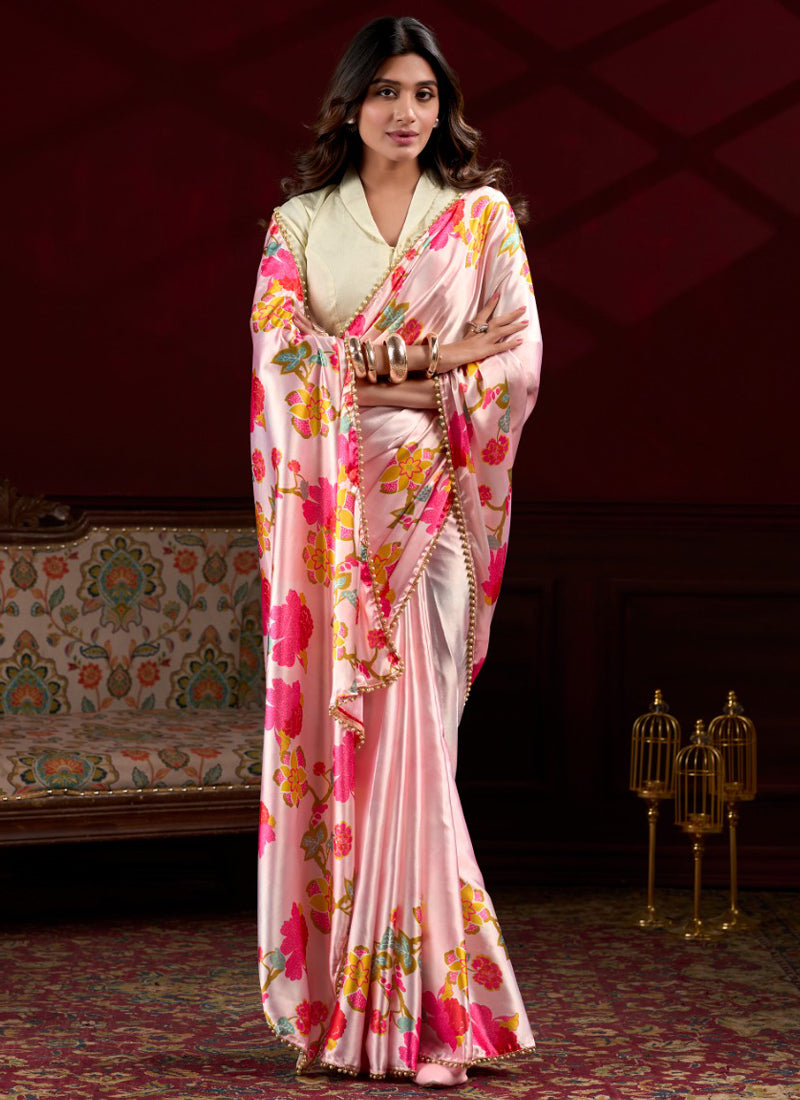 Baby Pink Satin Silk Digital Printed Pearl Lace Border Work Saree