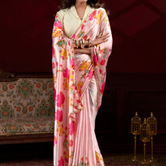 Baby Pink Satin Silk Digital Printed Pearl Lace Border Work Saree