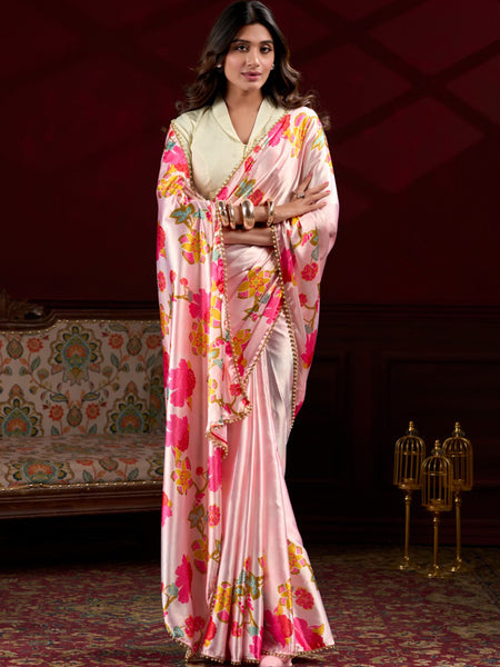 Baby Pink Satin Silk Digital Printed Pearl Lace Border Work Saree