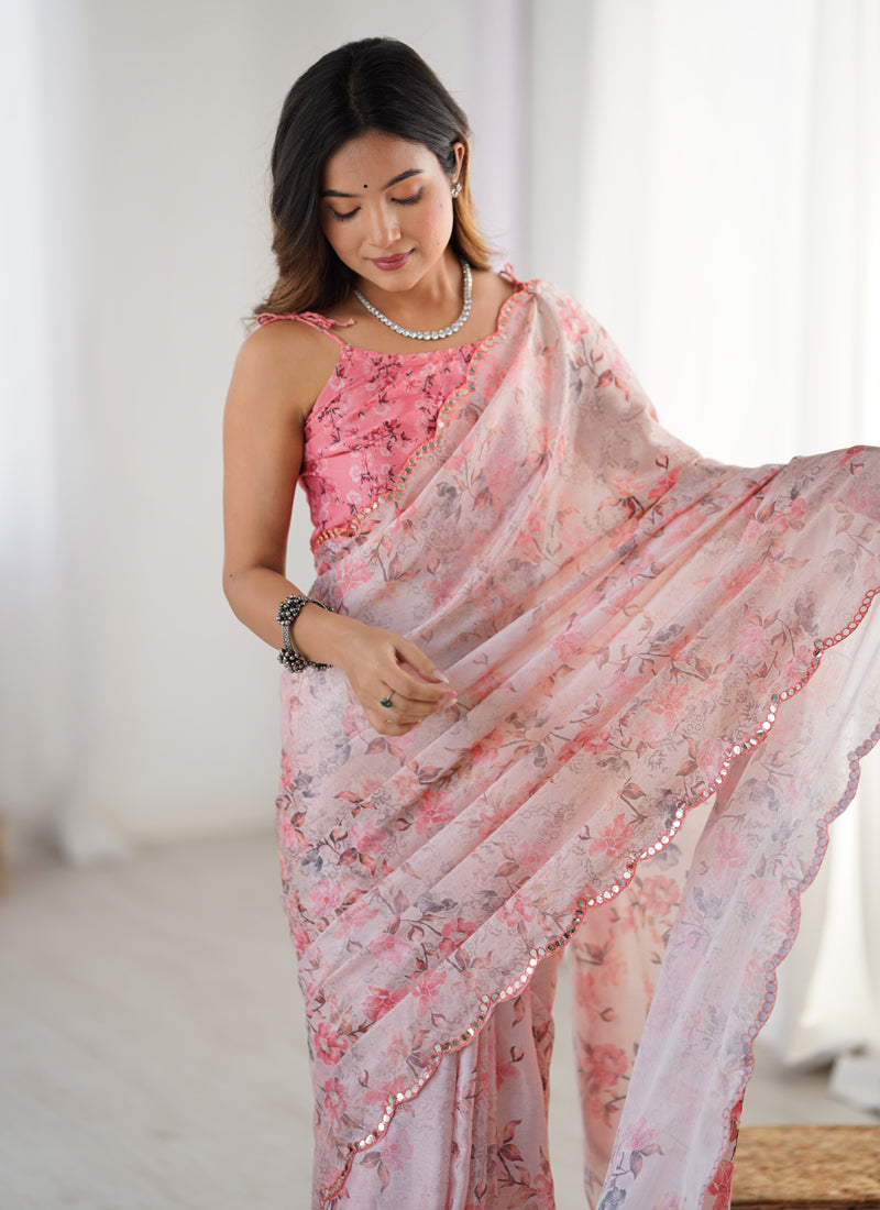 Baby Pink Chinon Silk Print Work With Mirror Work Border Designer Saree