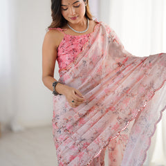 Baby Pink Chinon Silk Print Work With Mirror Work Border Designer Saree