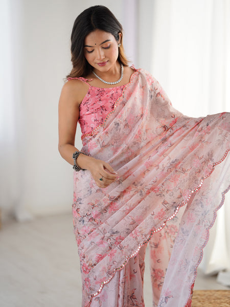 Baby Pink Chinon Silk Print Work With Mirror Work Border Designer Saree
