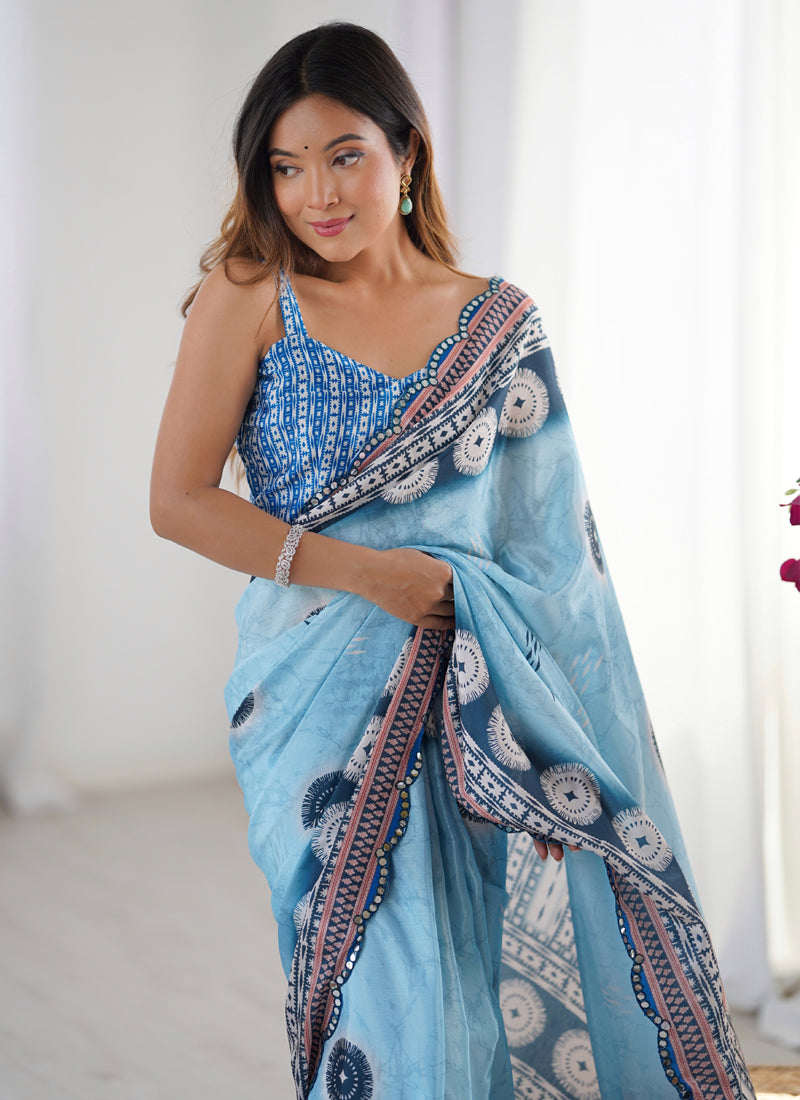 Sky Blue Chinon Silk Print Work With Mirror Work Border Designer Saree