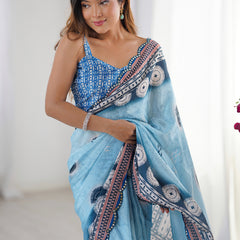 Sky Blue Chinon Silk Print Work With Mirror Work Border Designer Saree