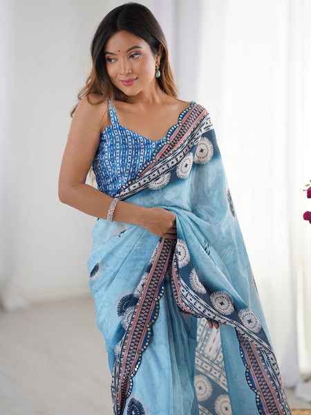 Sky Blue Chinon Silk Print Work With Mirror Work Border Designer Saree