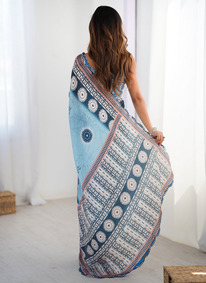 Sky Blue Chinon Silk Print Work With Mirror Work Border Designer Saree