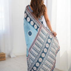 Sky Blue Chinon Silk Print Work With Mirror Work Border Designer Saree