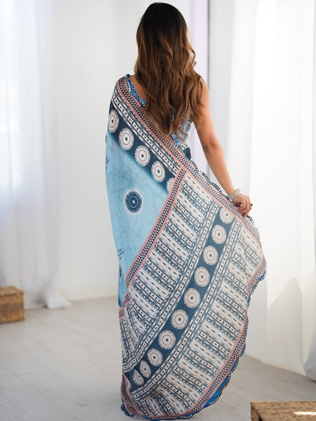 Sky Blue Chinon Silk Print Work With Mirror Work Border Designer Saree