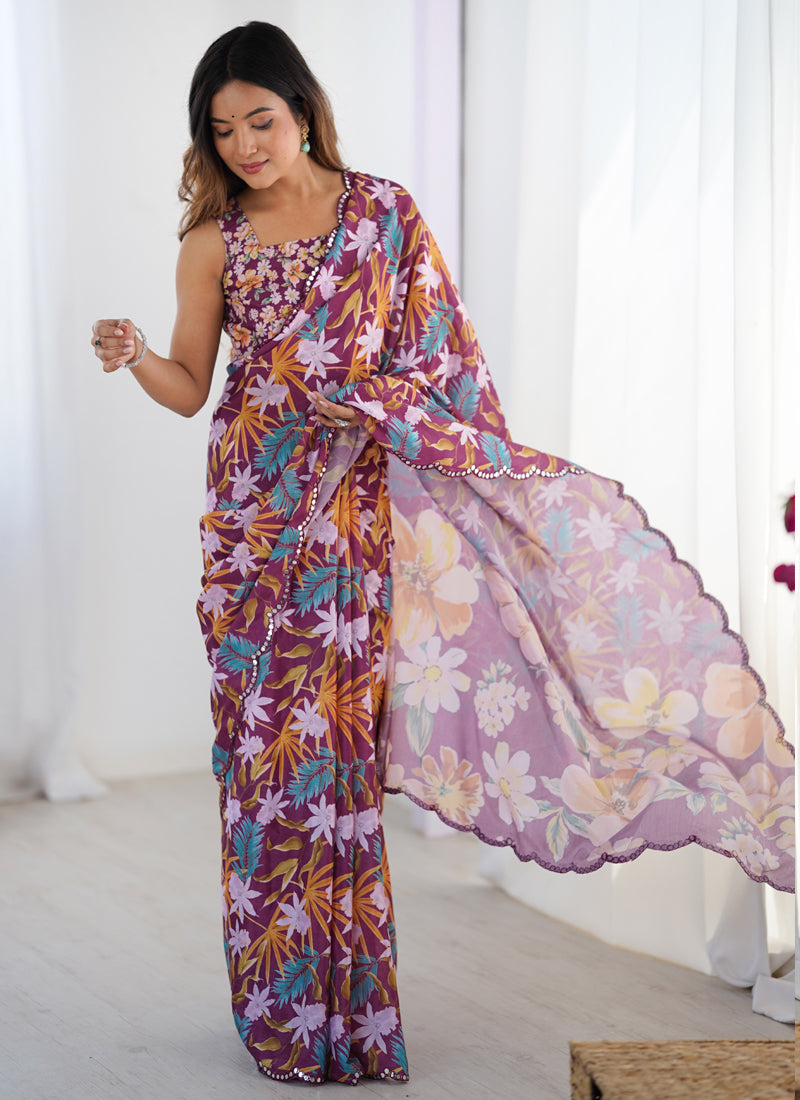 Wine Chinon Silk Print Work With Mirror Work Border Designer Saree