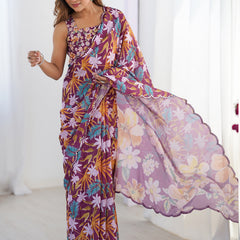 Wine Chinon Silk Print Work With Mirror Work Border Designer Saree