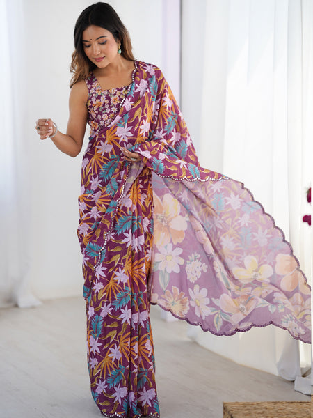 Wine Chinon Silk Print Work With Mirror Work Border Designer Saree